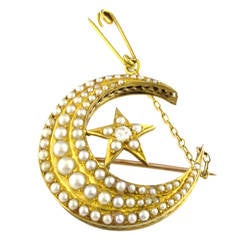 Antique Gold Crescent Moon and Star Brooch