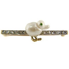 Vintage Early 20th Century Cultured Pearl Gold Platinum Duck Brooch