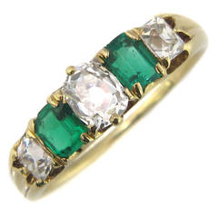 Antique Victorian Five Stone Emerald Diamond Gold Ring