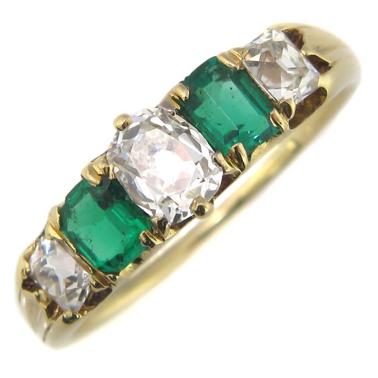 Antique Victorian Five Stone Emerald Diamond Gold Ring For Sale