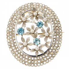 Blue Zircon Seed Pearl Diamond Gold Platinum Floral Brooch