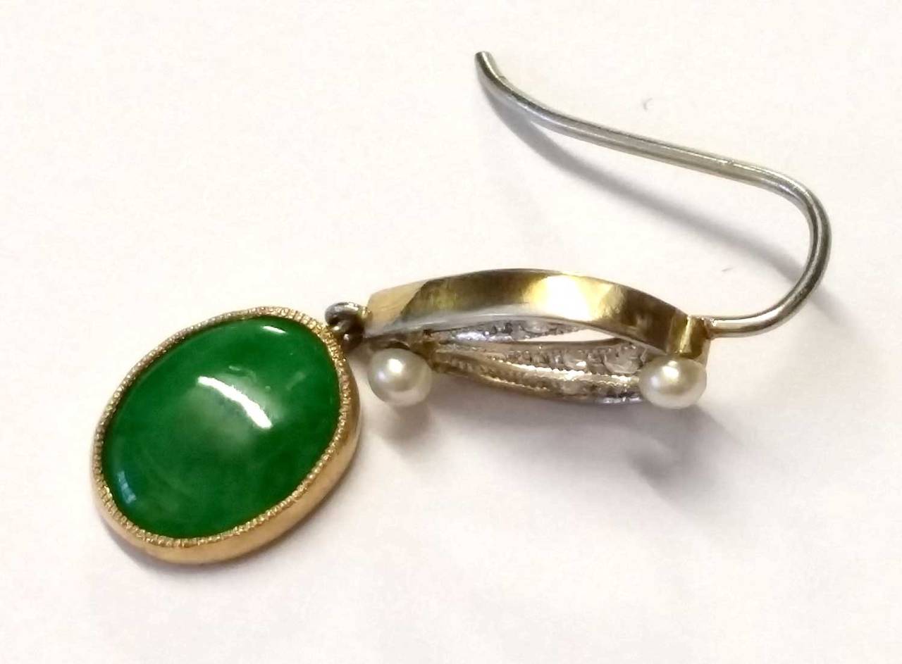 Art Deco Style Natural Pearl Jadeite Diamond Platinum Drop Earrings In Good Condition For Sale In Edinburgh, GB