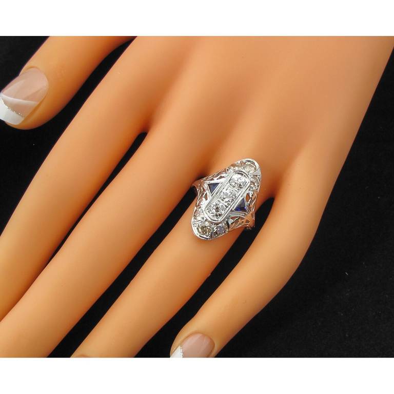 Women's Art Deco Sapphire Champagne Diamond White Gold Ring