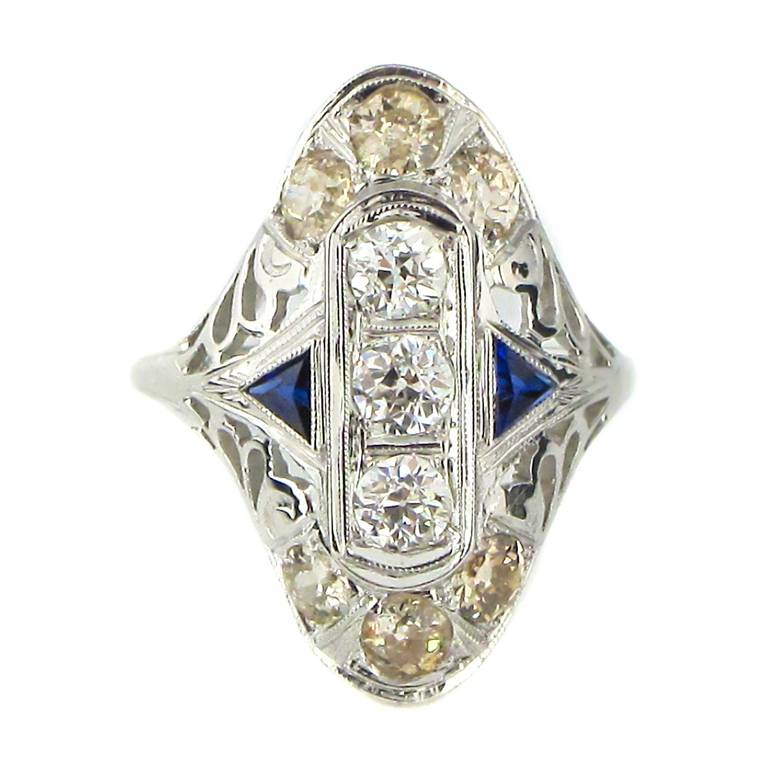 Art Deco Sapphire Champagne Diamond White Gold Ring In Excellent Condition In Edinburgh, GB