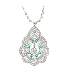 Antique Art Deco Emerald Diamond Lace Design Necklace