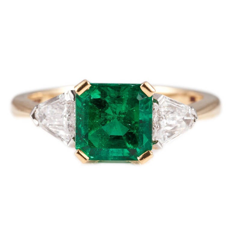 Fine Emerald Diamond Gold Three Stone Ring at 1stdibs