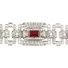 Art Deco Diamond Synthetic Ruby Platinum Bracelet