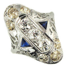 Art Deco Sapphire Champagne Diamond White Gold Ring