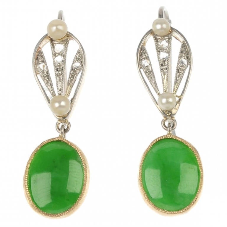 Art Deco Style Natural Pearl Jadeite Diamond Platinum Drop Earrings For Sale