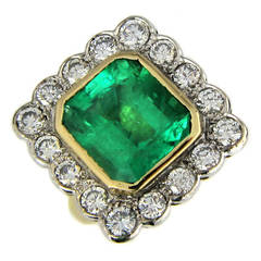 Large Emerald Diamond Gold Cluster Ring