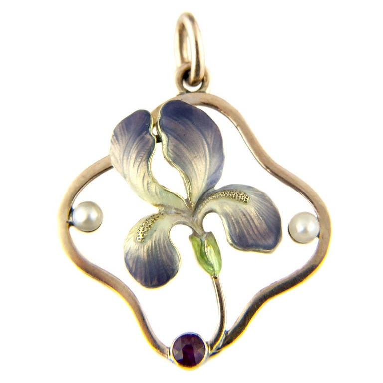 Art Nouveau Enamel Pearl Gold Iris Pendant