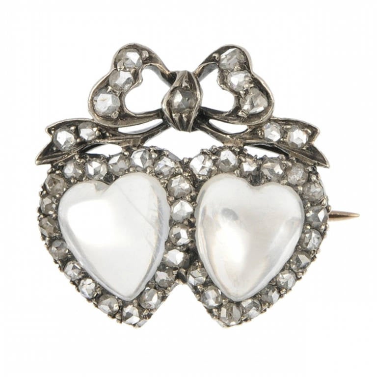 Antique Moonstone Diamond Silver Gold Double Heart Brooch For Sale