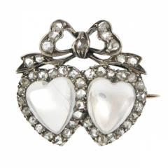 Antique Moonstone Diamond Silver Gold Double Heart Brooch