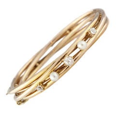 Pearl Diamond Gold Bangle Bracelet