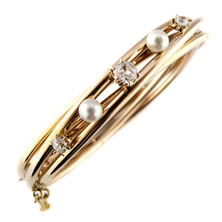 Pearl Diamond Gold Bangle Bracelet
