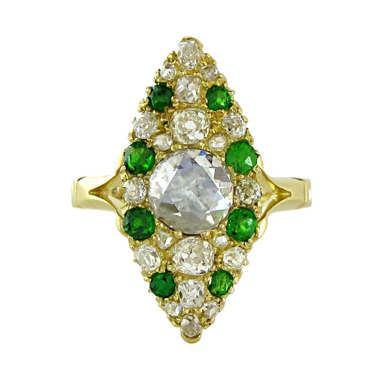 Women's Victorian Demantoid Garnet Diamond Gold Navette Shaped Ring For Sale