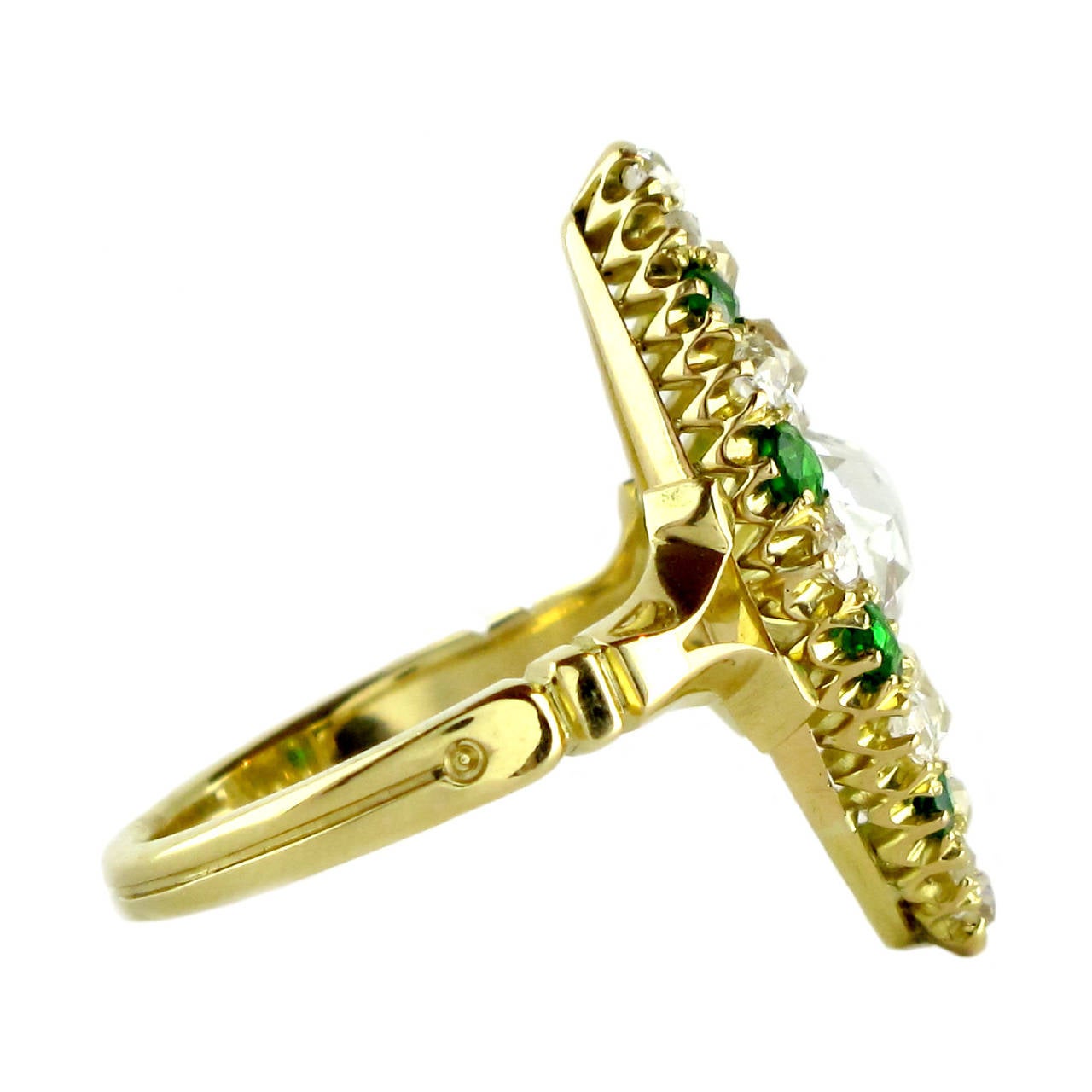 Victorian Demantoid Garnet Diamond Gold Navette Shaped Ring In Excellent Condition For Sale In Edinburgh, GB