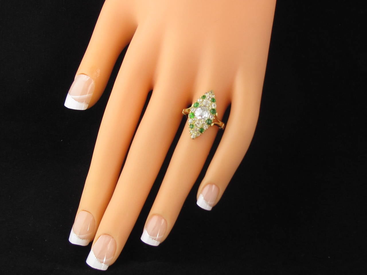 Victorian Demantoid Garnet Diamond Gold Navette Shaped Ring For Sale 1