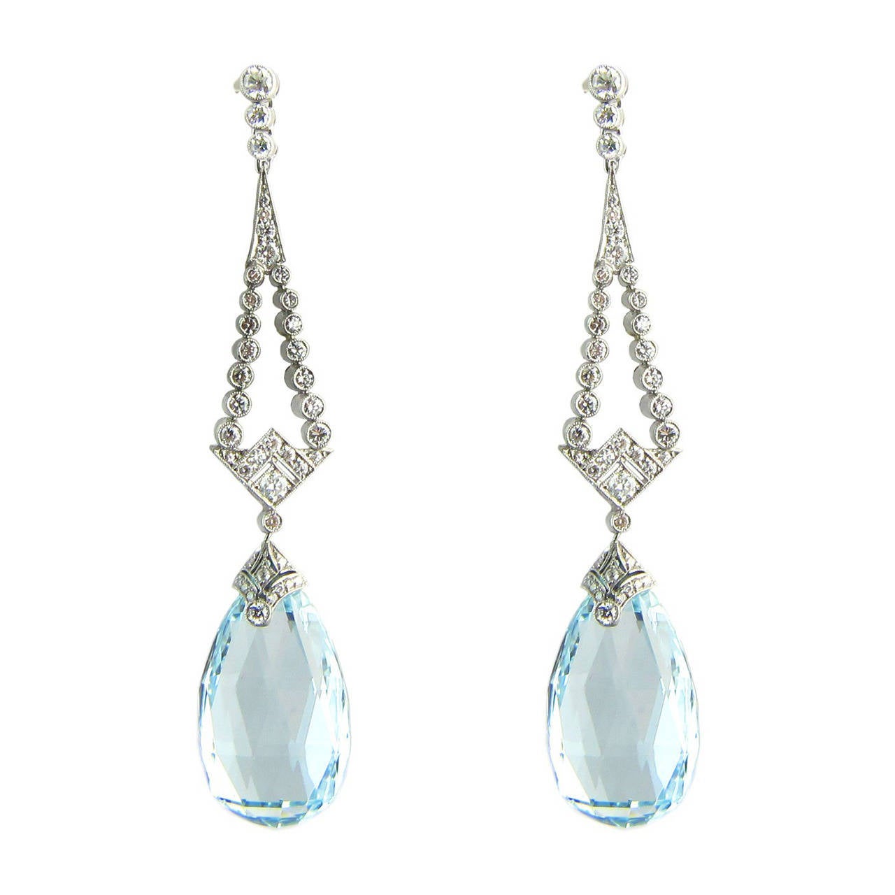 Art Deco Teardrop Aquamarine Diamond Platinum Earrings