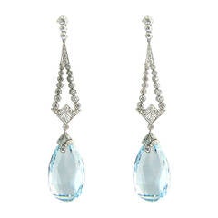 Antique Art Deco Teardrop Aquamarine Diamond Platinum Earrings