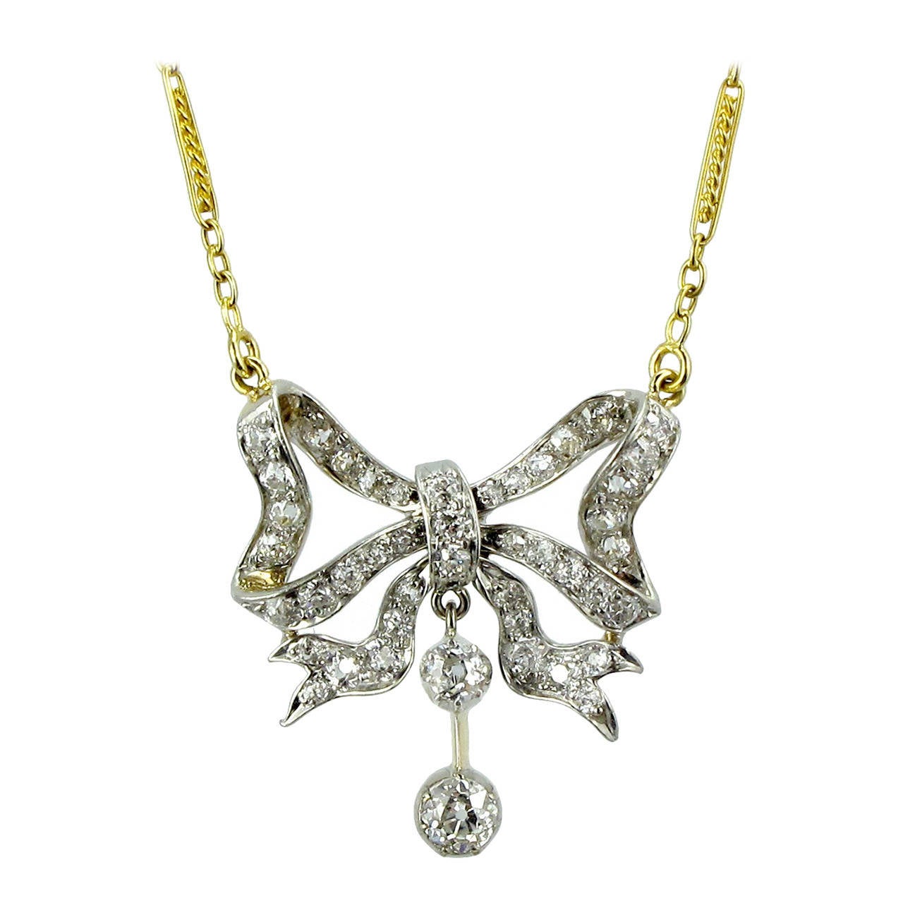 Antique Diamond Gold Bow Necklace For Sale