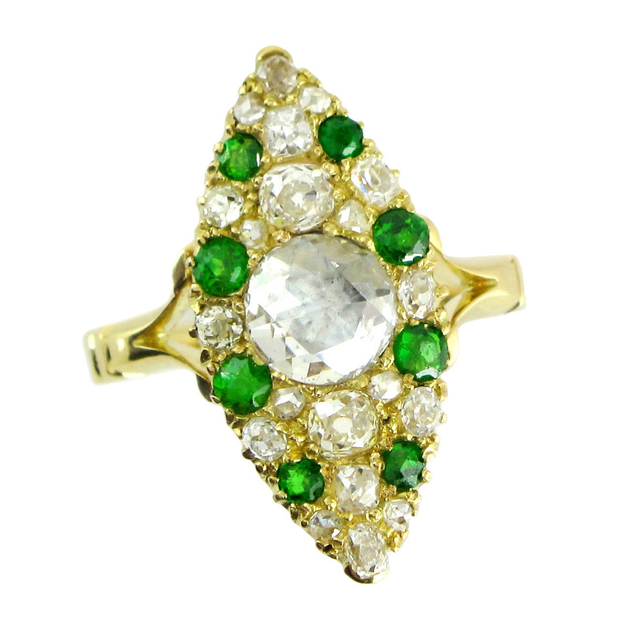 Victorian Demantoid Garnet Diamond Gold Navette Shaped Ring For Sale