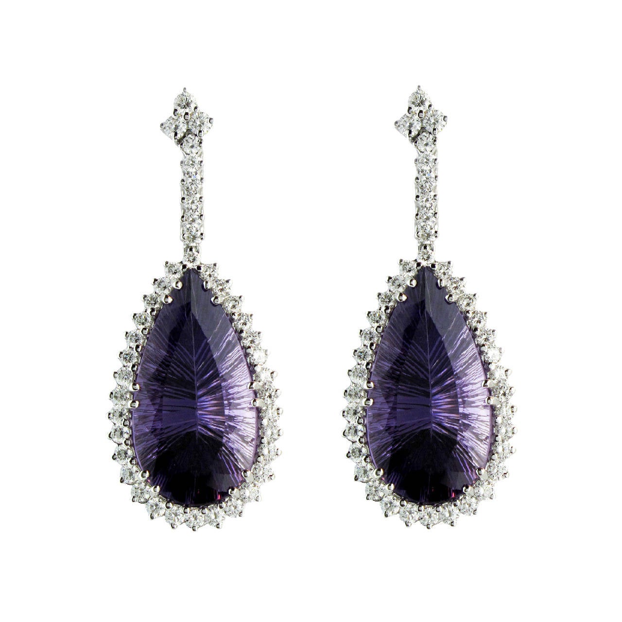 Fine Amethyst Diamond Gold Ear Pendants For Sale