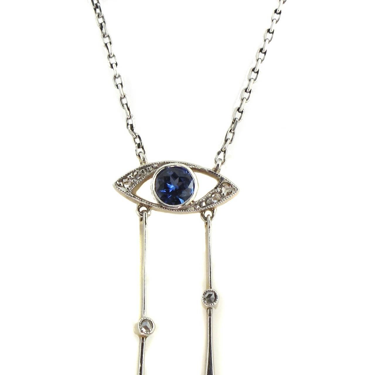 Edwardian Blue Sapphire Diamond Platinum Negligee Necklace at 1stDibs