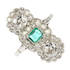 Antique Art Deco Emerald Diamond Platinum Triple Cluster Ring