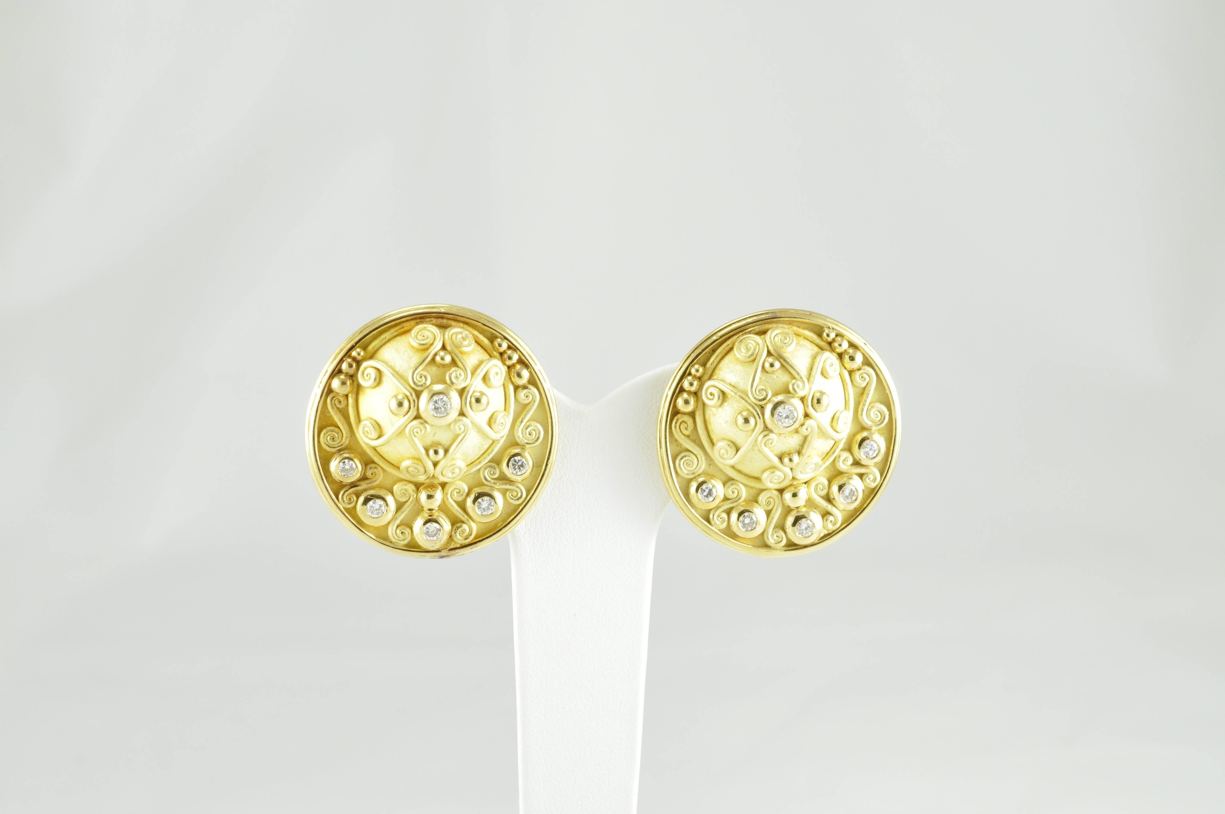 18k Gold Denise Roberge Ornate circular earrings with 0.7ctw Diamonds (6 ea per earring). Designer's stamp beneath clip. Denise Roberge is from California.  She is known for creating pieces that are one of a kind, and uses precious and semi precious