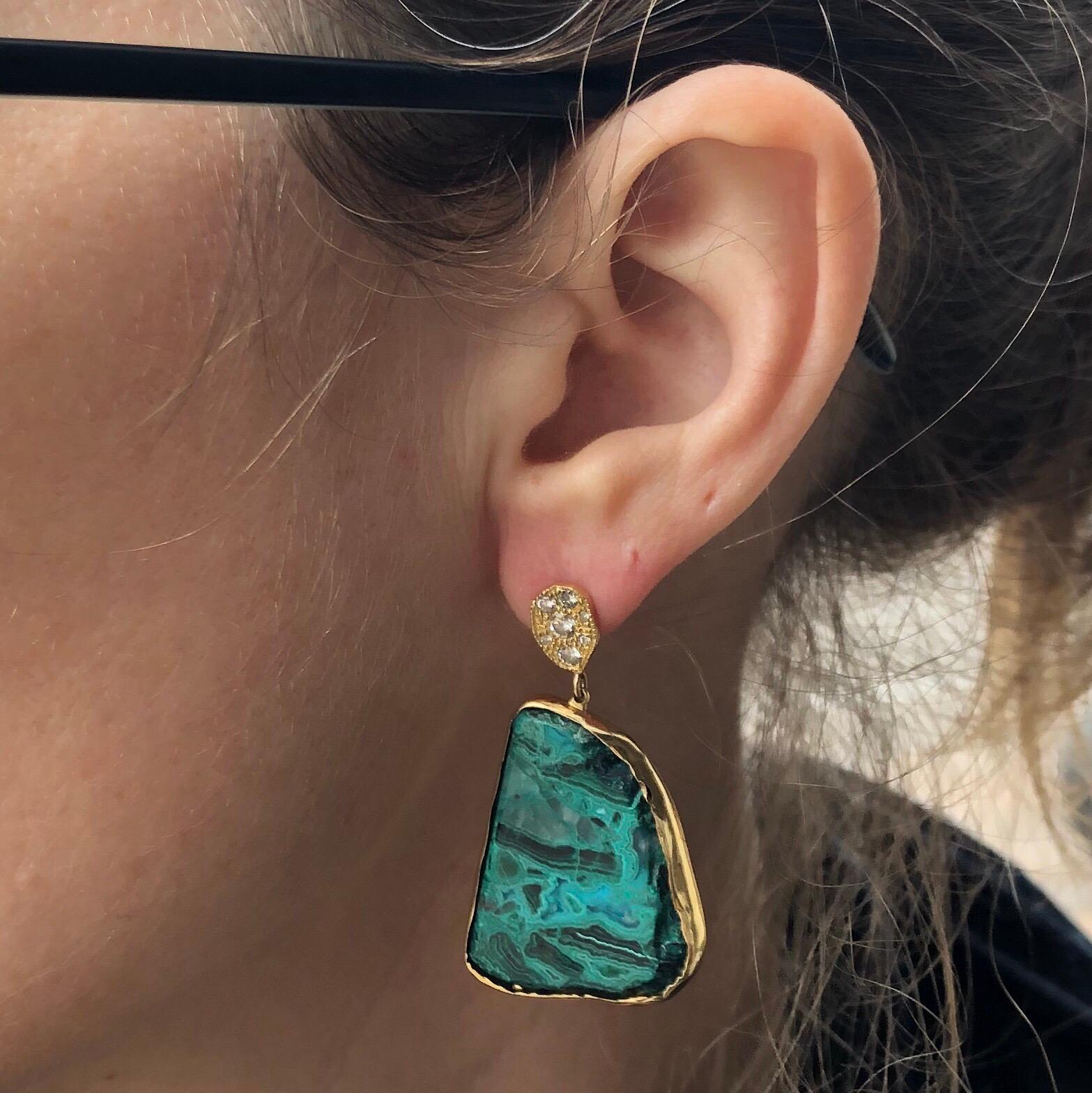 Yellow Gold Diamond and Chrysocolla Earrings 1