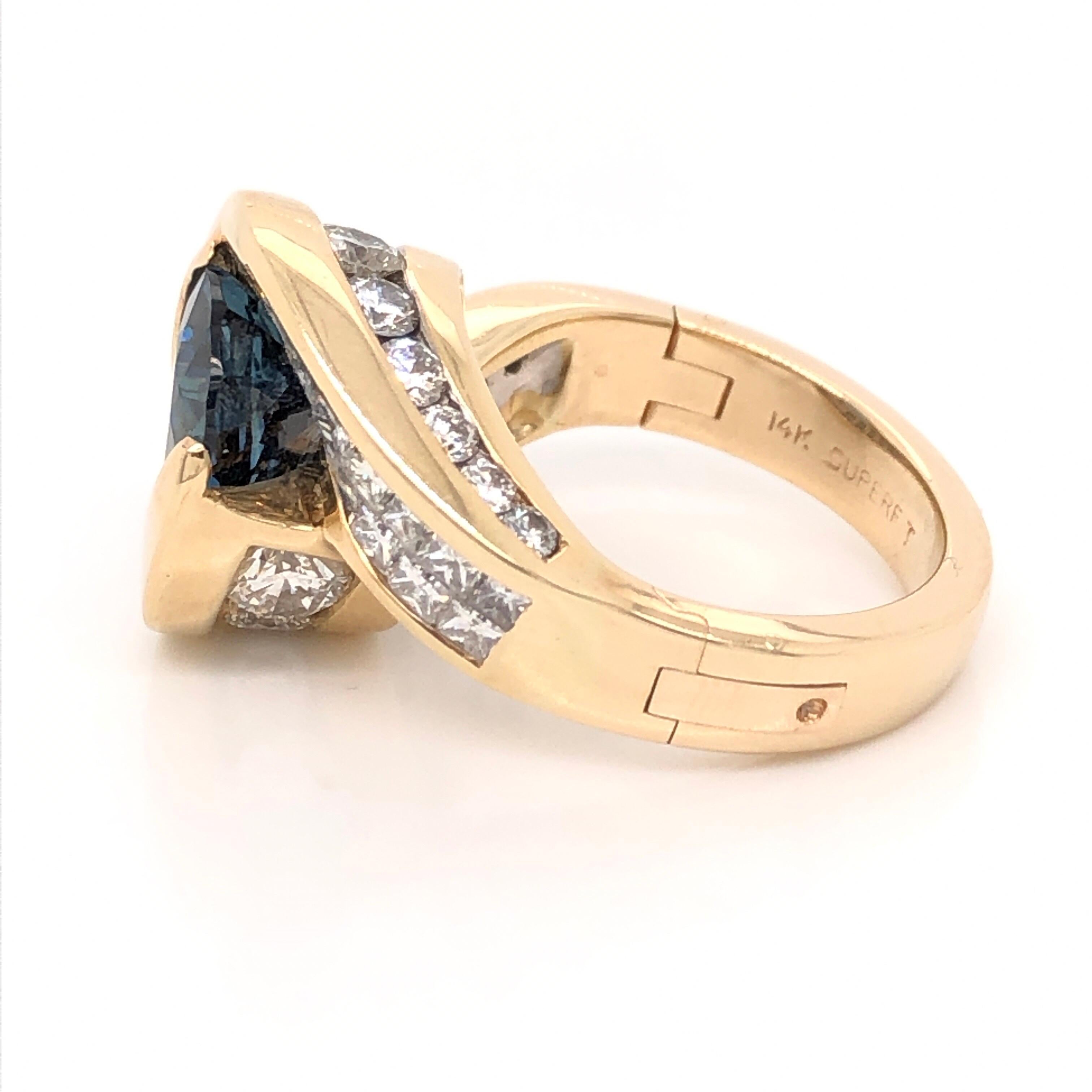 Princess Cut Sapphire, Gold and Diamond Dinner Ring