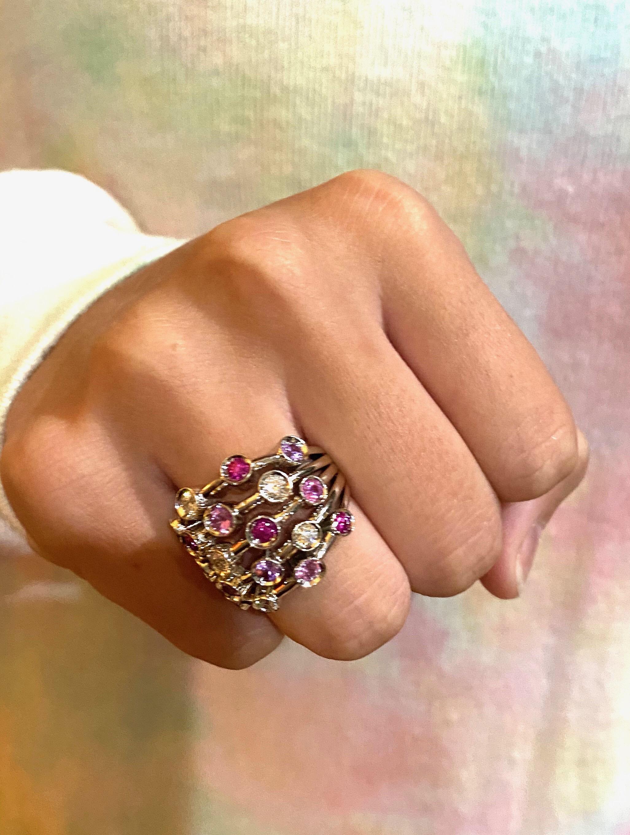 Women's Chanel 18 Karat White Gold 5-Row Diamond, Pink Sapphire, Ruby Ring