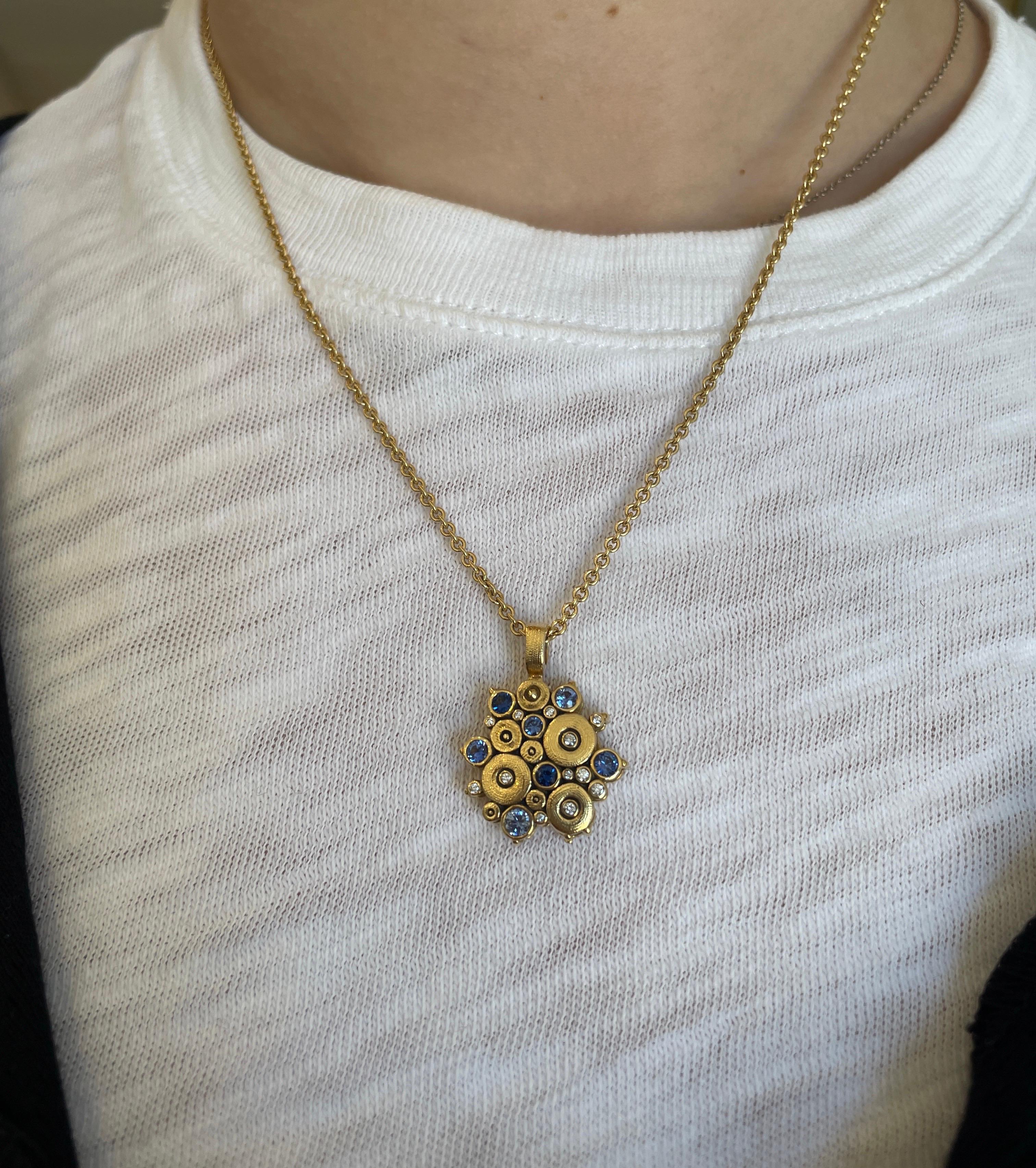 Women's or Men's Alex Sepkus 'Ocean' Diamond and Sapphire Pendant on a 18'' Chain 18K Yellow Gold For Sale
