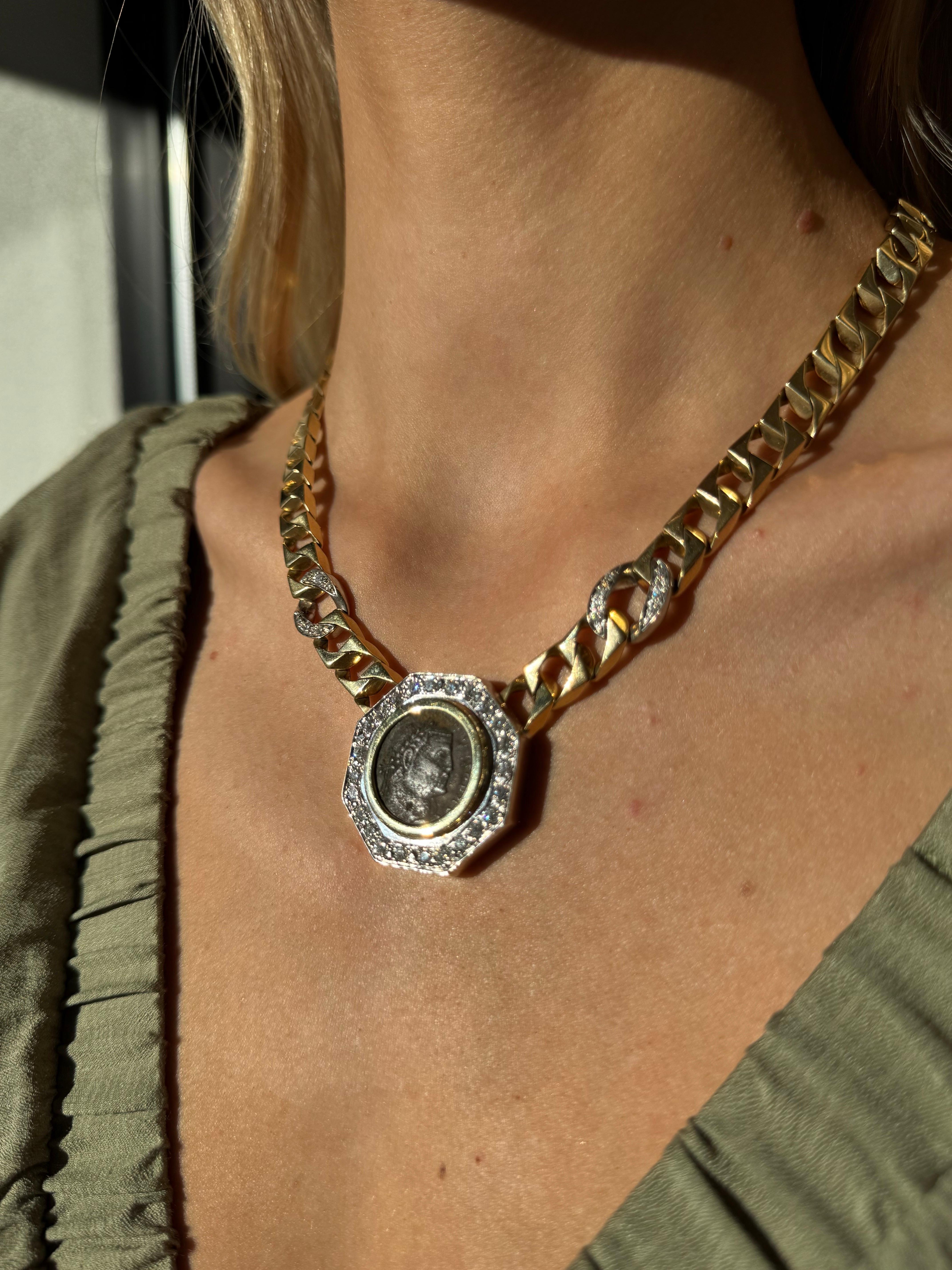 da uomo o donna Collana Cuban Link Coin Diamond in oro 18 carati in vendita