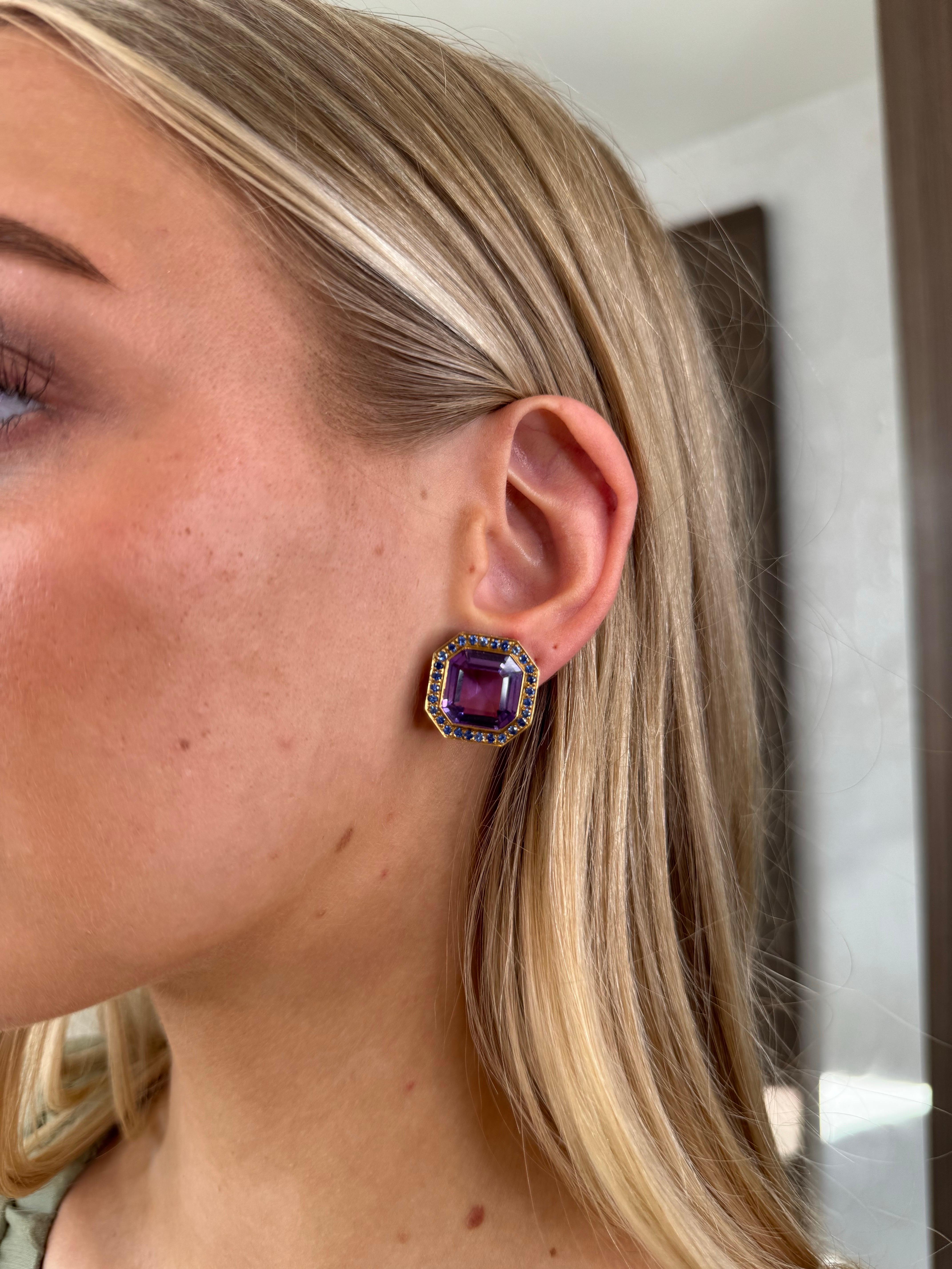 Laura Munder Octagon Amethyst & Blue Sapphire Earrings 18K Yellow Gold 1