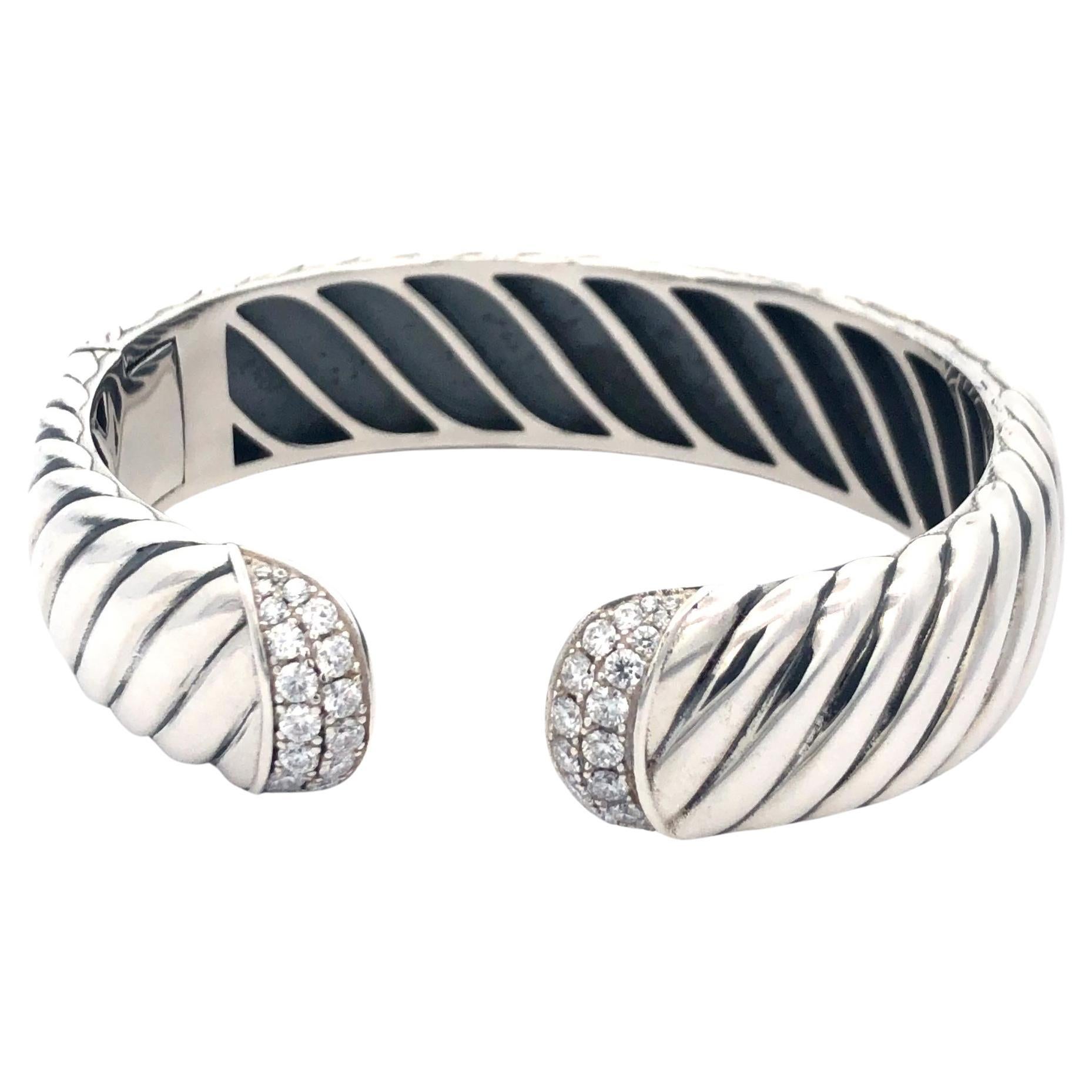 David Yurman Bangle Bracelet With Diamond Tips in Sterling Silver For Sale