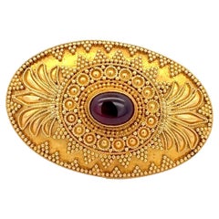 Etruscan Brooch Cabochon Garnet 22K Yellow Gold