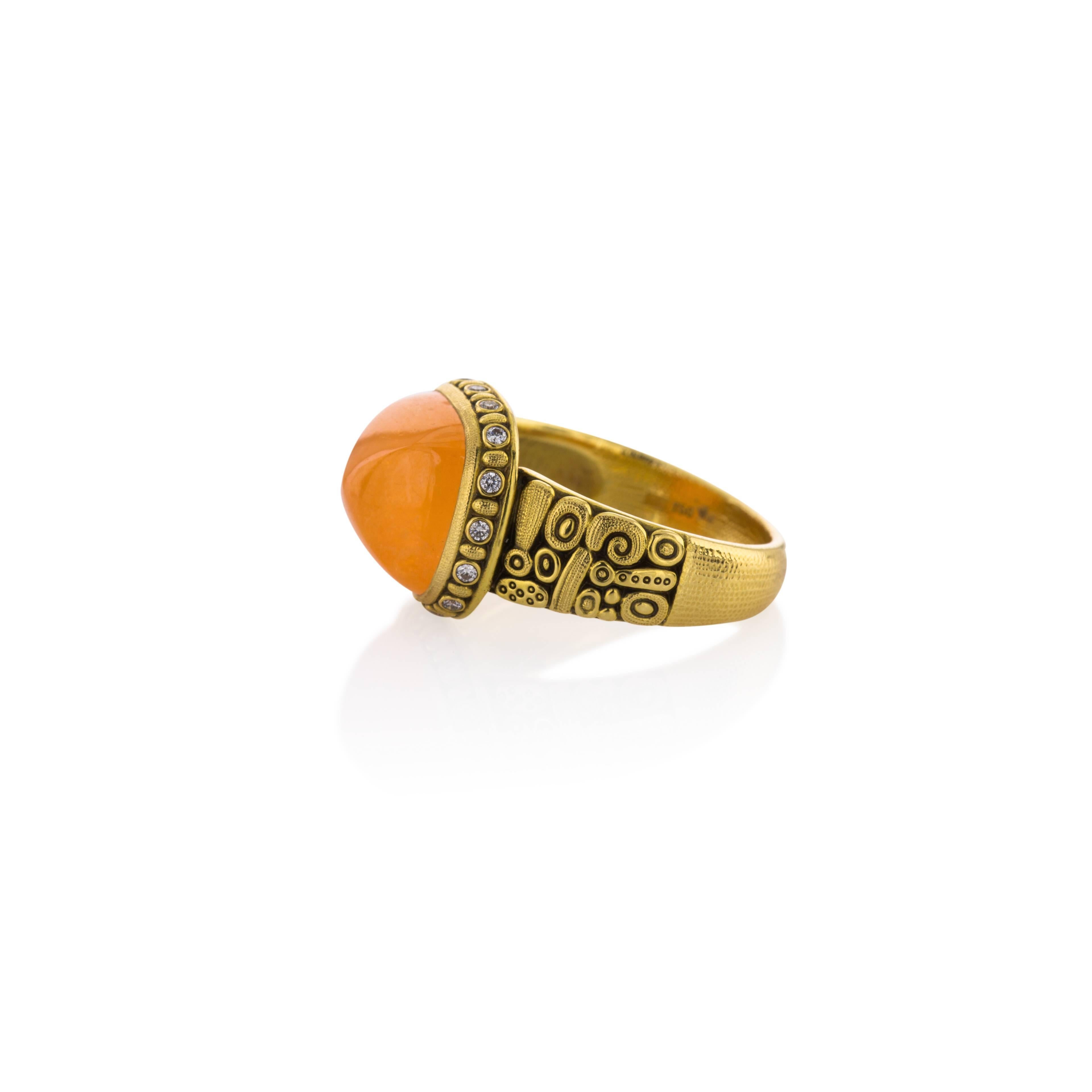 Ring in 18K Yellow Gold 9.03ct Mandarin Garnet with 13 Round Full Cut Diamonds Bezel Set.  There are .16cts Diamonds.  Made by Designer Alex Sepkus.  This ring is new and and has the signature detail on the sides that Alex Sepkus is famous for. 