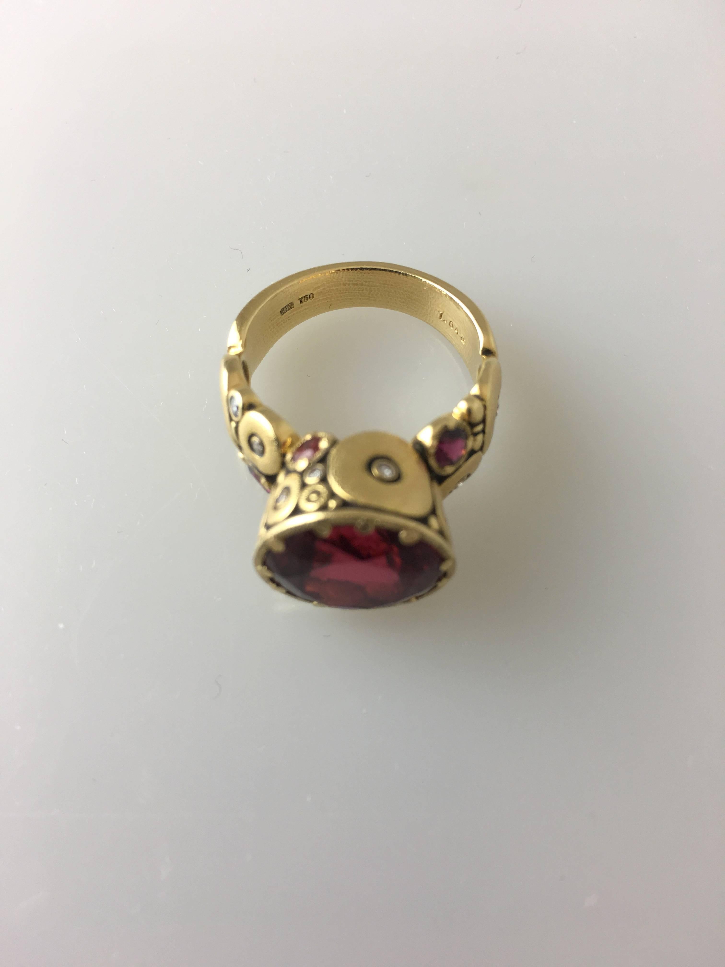 Red Tourmaline Sapphire Diamond Yellow Gold Ring In New Condition In Dallas, TX