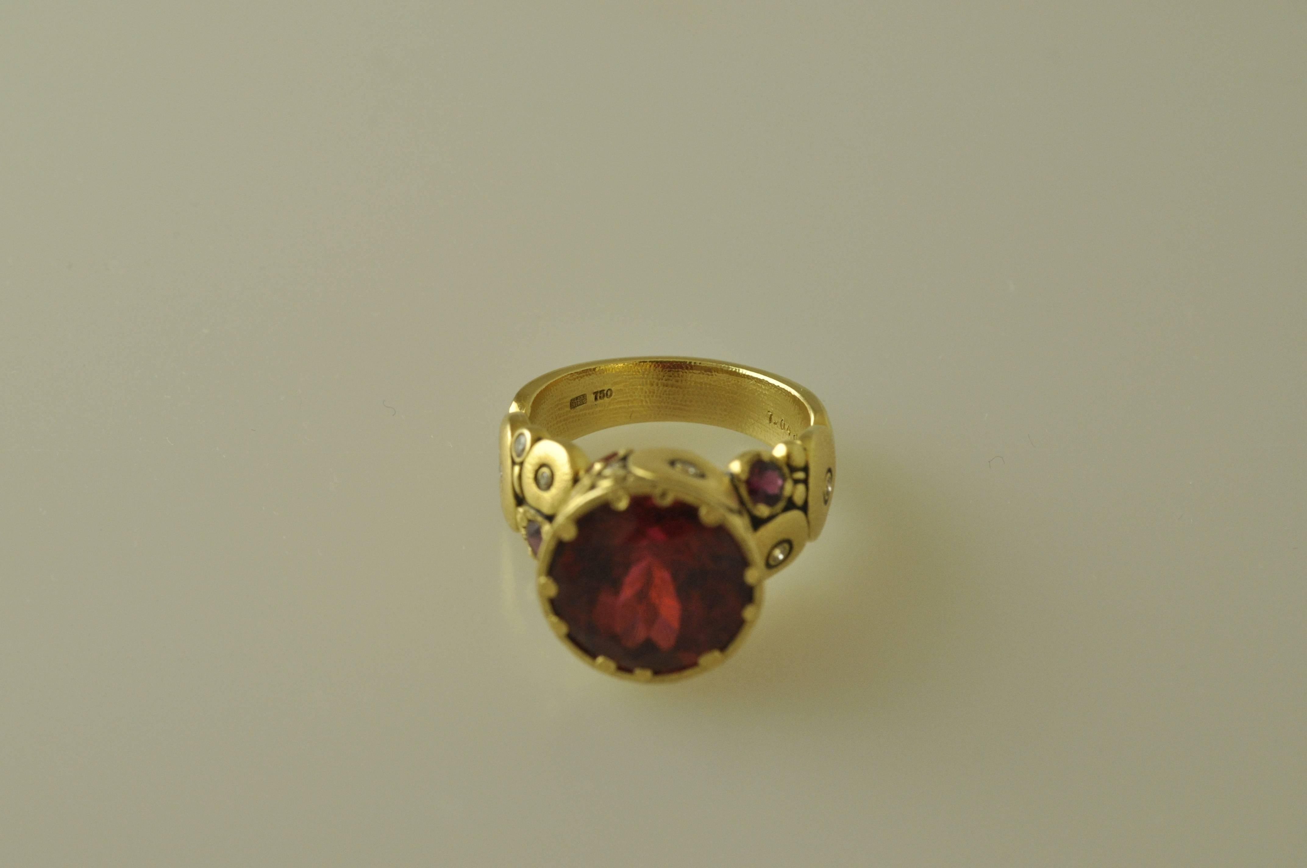 Women's Red Tourmaline Sapphire Diamond Yellow Gold Ring