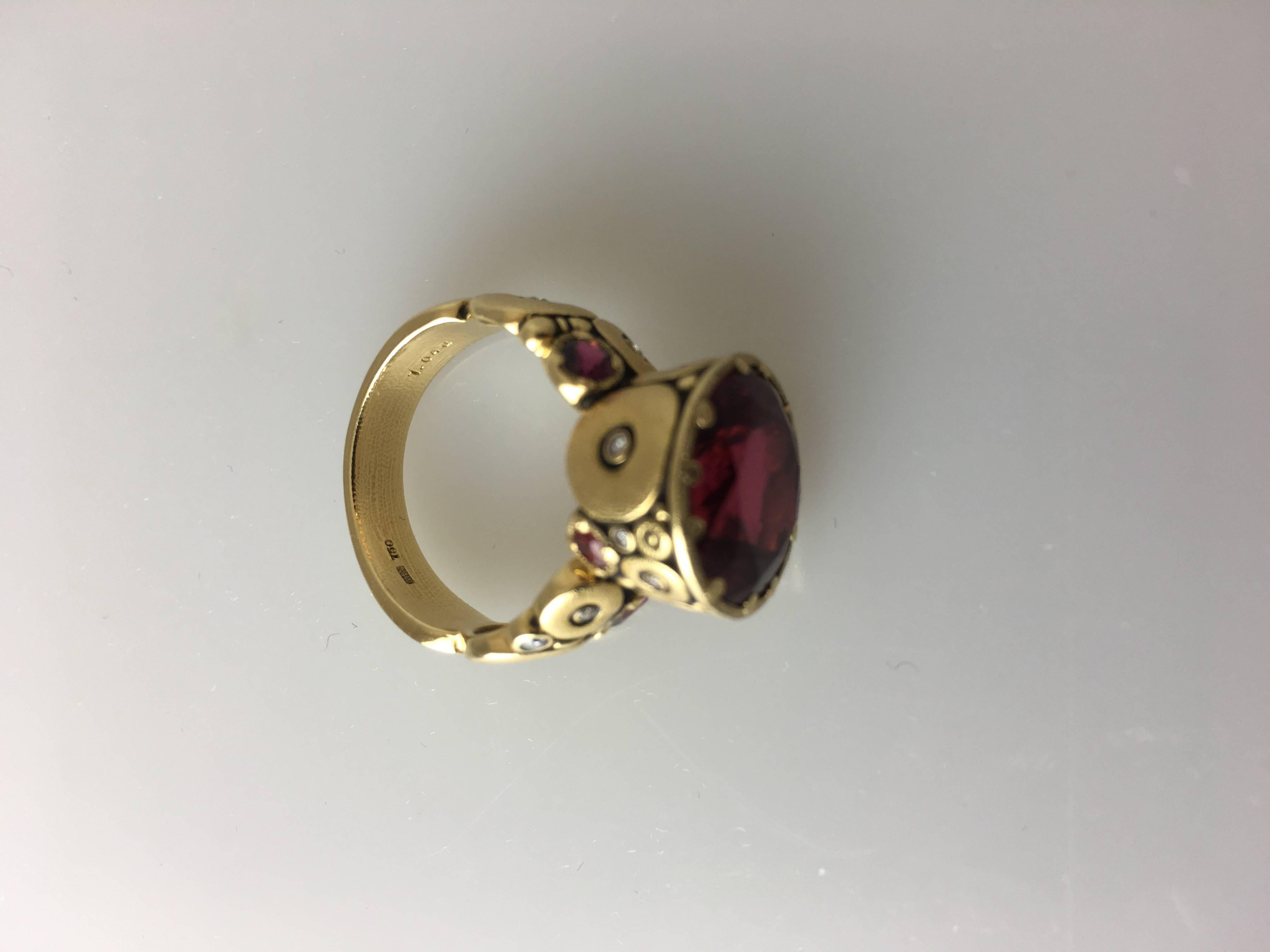 Red Tourmaline Sapphire Diamond Yellow Gold Ring 3