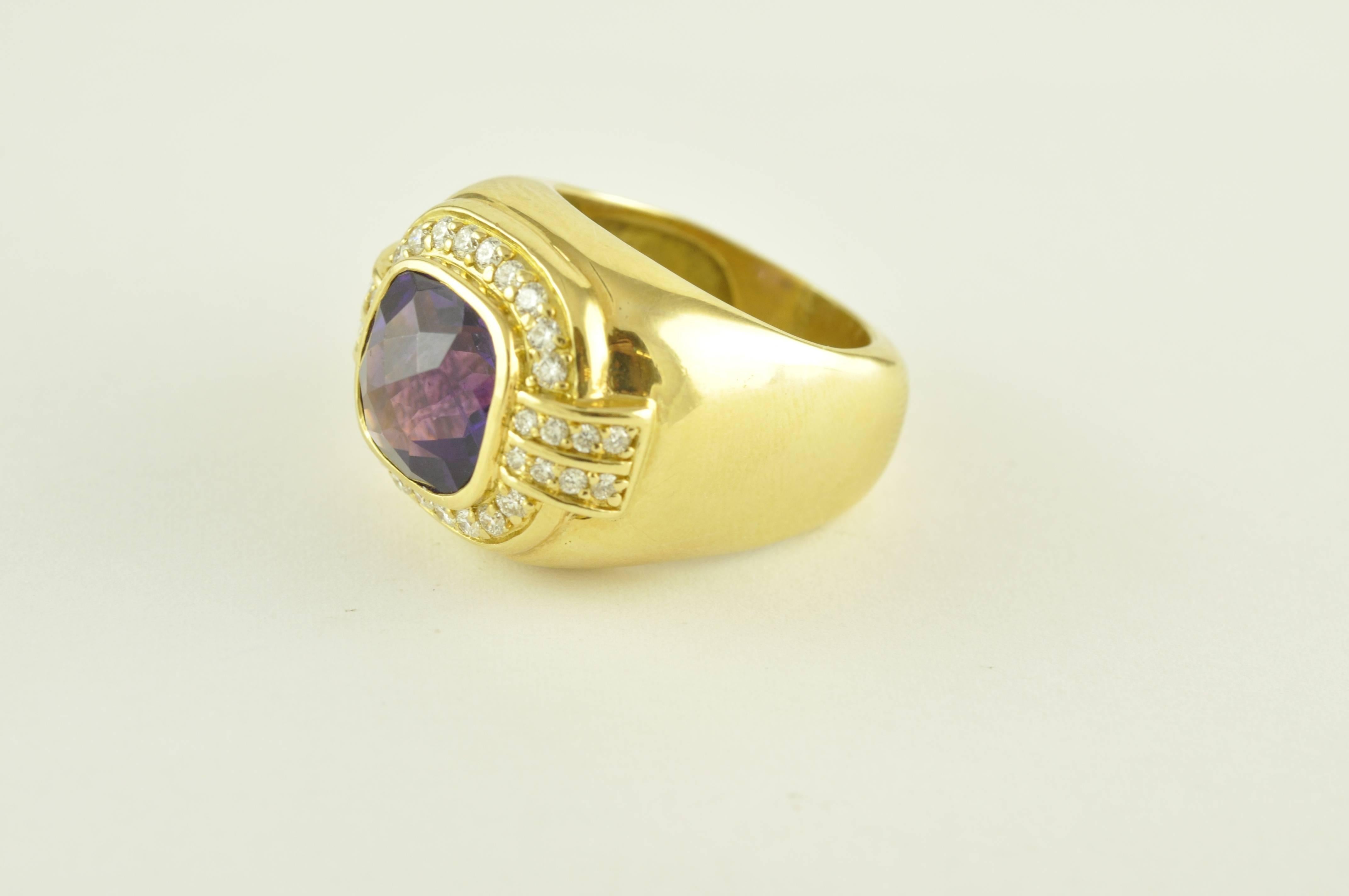Modern Gold and Faceted Amethyst Ring with Diamonds