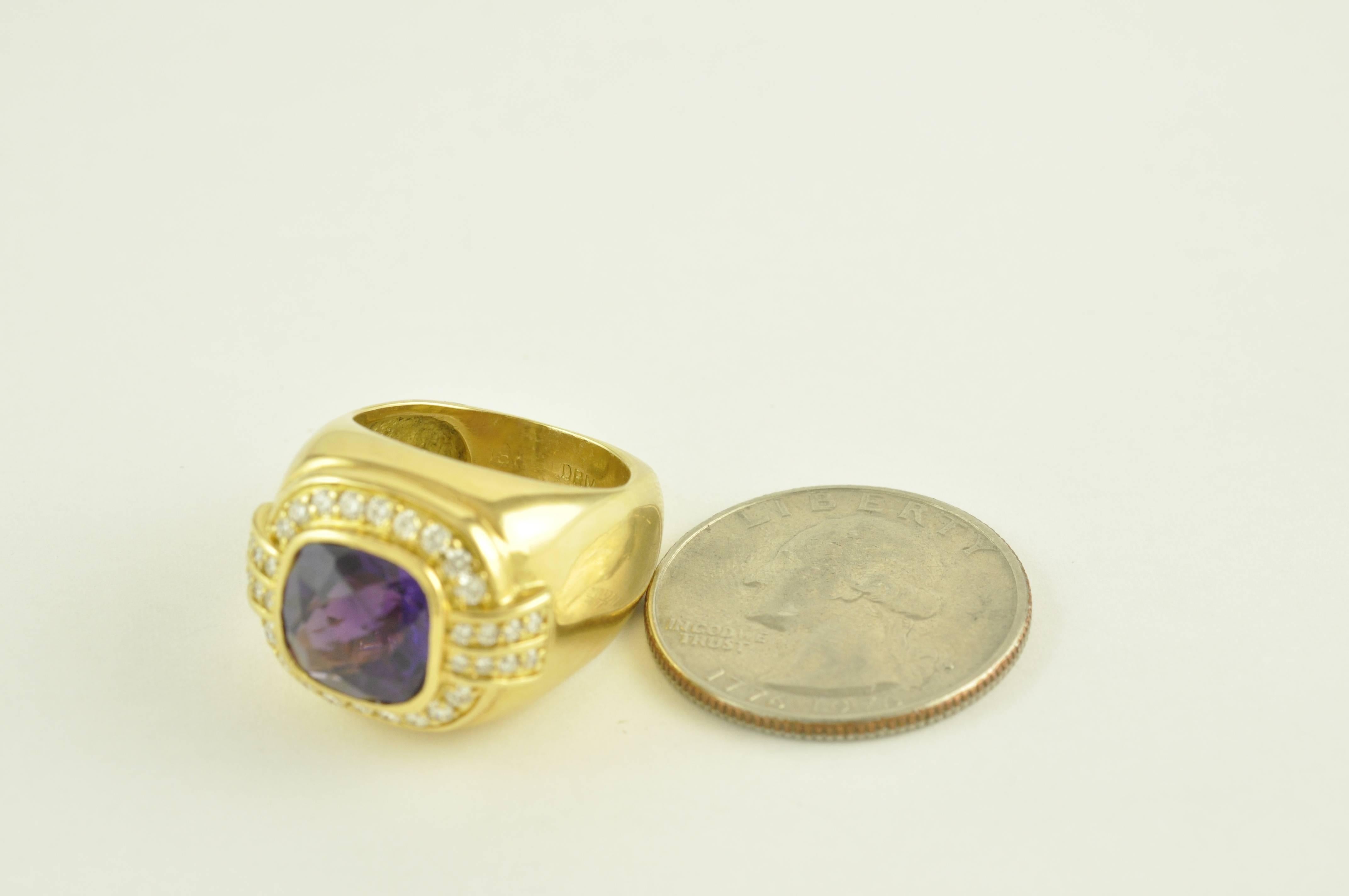 Cushion Cut Gold and Faceted Amethyst Ring with Diamonds