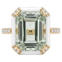 Green Amethyst & White Enamel Ring 14K Yellow Gold