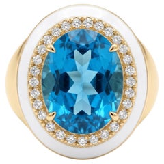 Swiss Blue Topaz & White Enamel Ring 14K Yellow Gold
