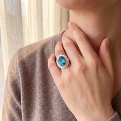 Swiss Blue Topaz & White Enamel Ring 14K Yellow Gold