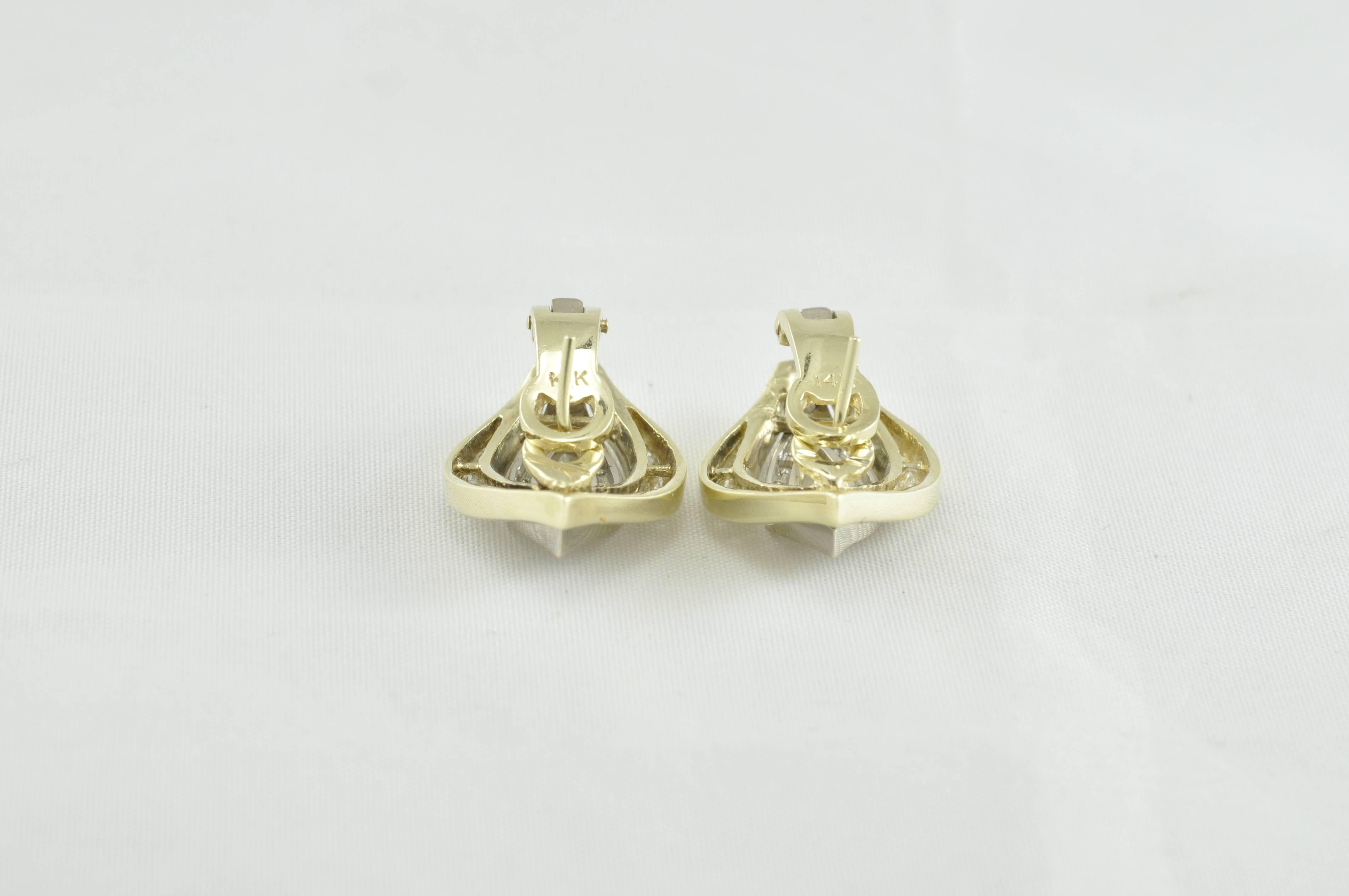 Modern White and Yellow Gold Chevron Earrings with Diamonds