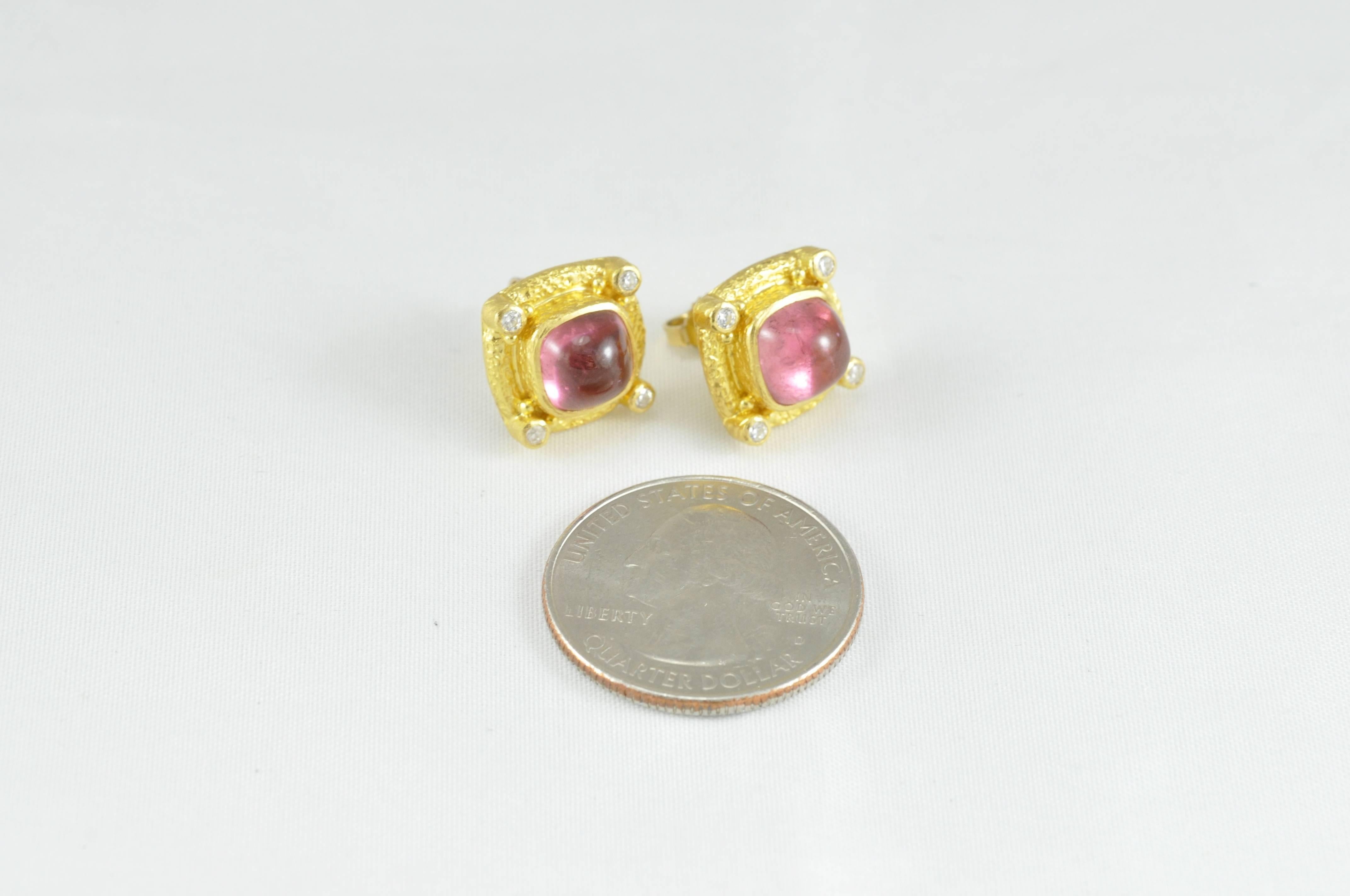 22K Yellow Gold,  Pink Tourmaline,  and White Diamond Earrings.  

These beautiful earrings made by Kimarie, appear a little pinker than the original photo shows.  

Made by craftsmen in Indonesia who's skill has been handed down from generation to