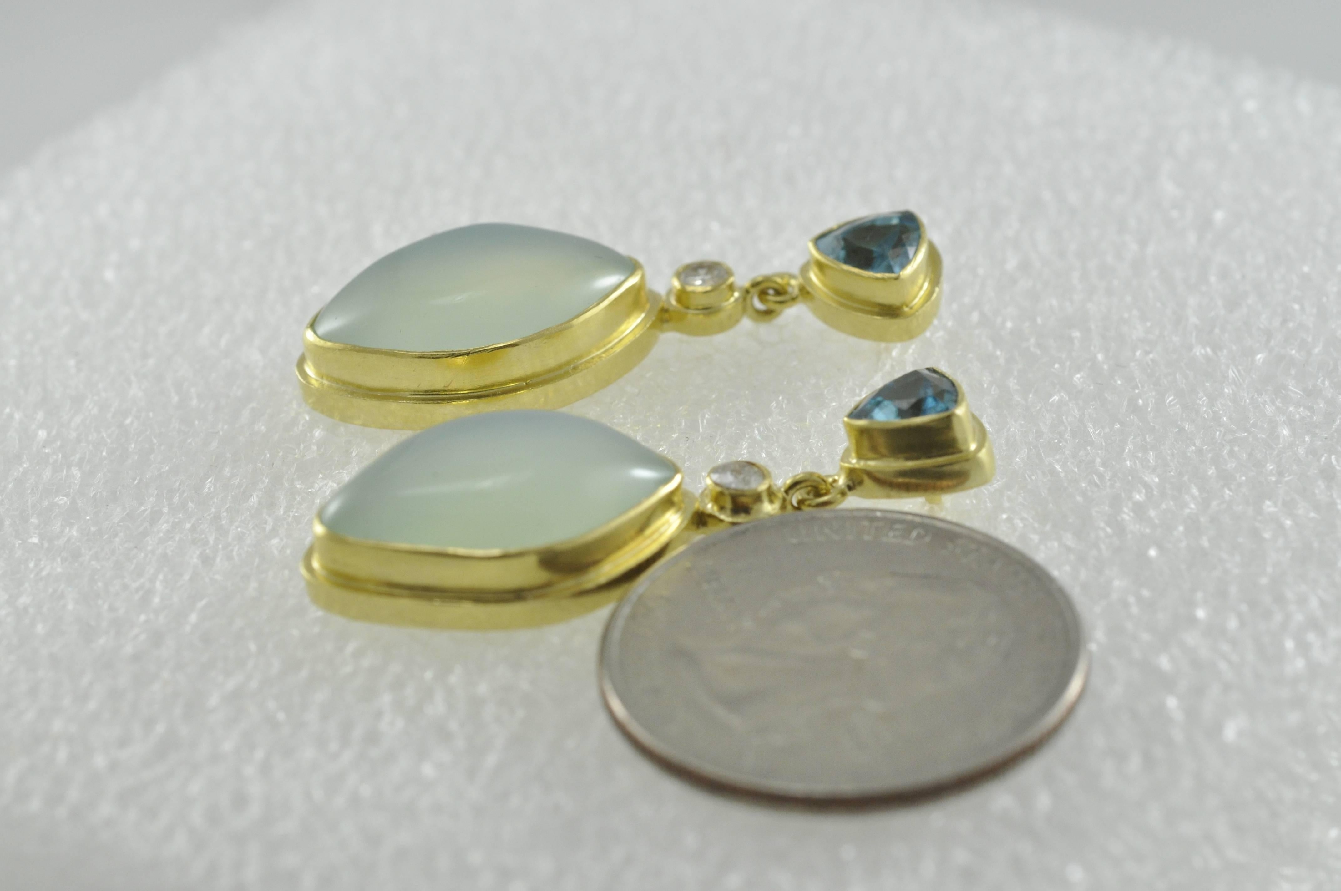18K Gold with Blue Zircon Tops, Diamond and Peruvian Opal Earrings.  Made by Kimarie.  Gorgeous on.  Combination of Natural Trillion Blue Zircon bezel set .90cts/round.   Full cut diamonds bezel set round diamonds .20cts. and bezel set Peruvian